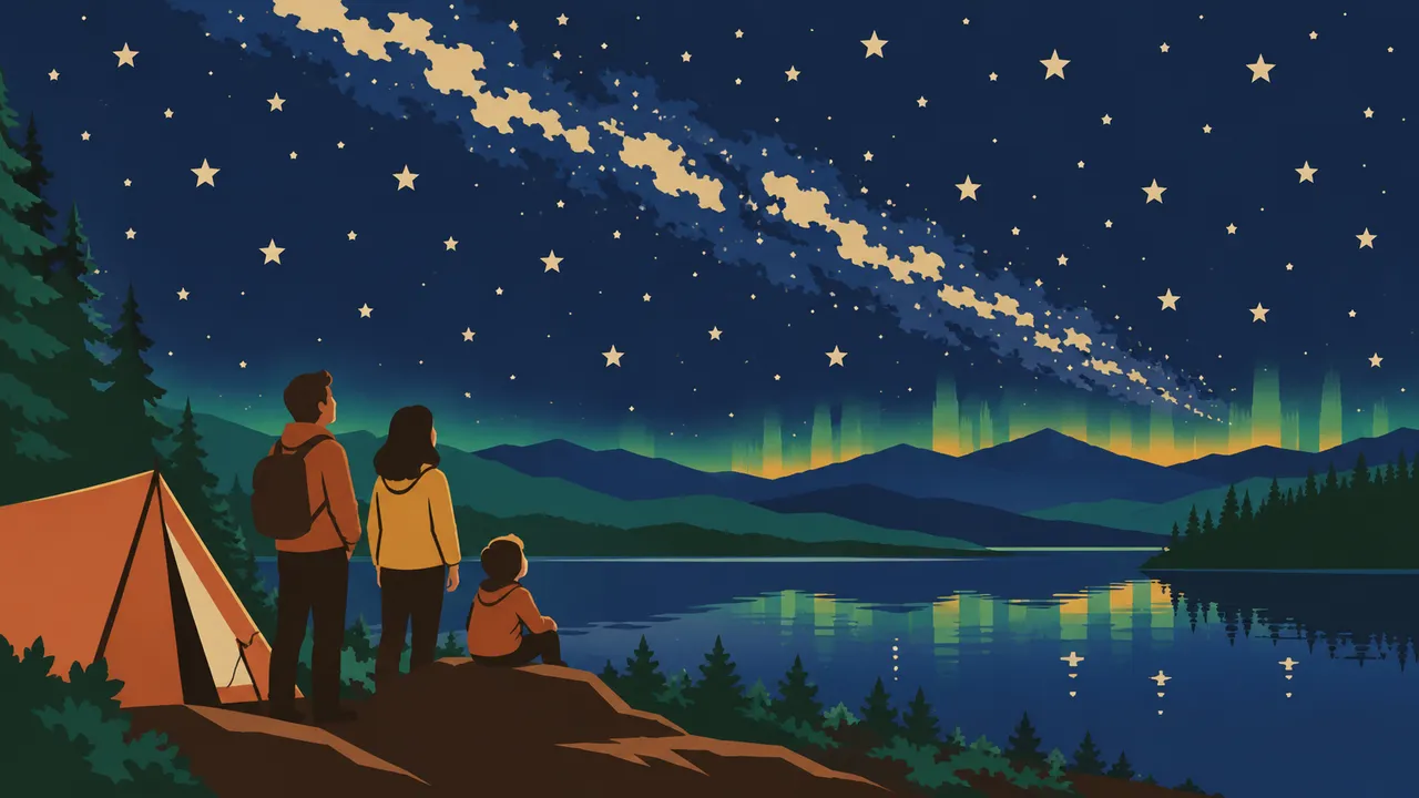 A family at a campsite looking up at the Milky Way arcing over layered mountain ridges and a calm lake, illustrated in a flat WPA travel-poster style